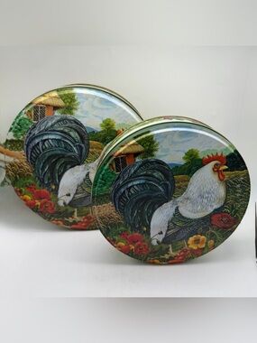 Dept 56 Rooster Decorative Tin Multicolored& Green Farmhouse Canister Ranch